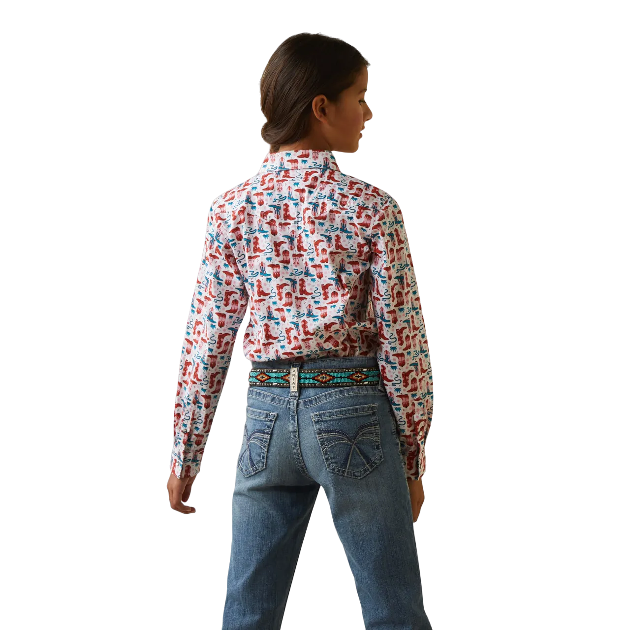 Ariat Girls White with Turquoise Blazin' Boots Print Long Sleeve Western Shirt