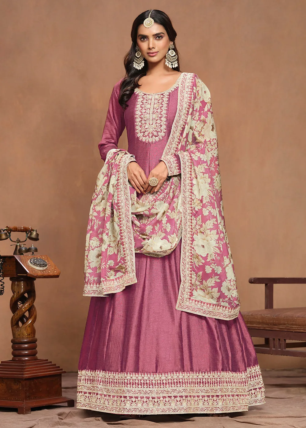 Art Silk Pink Embroidered Wedding Anarkali Gown