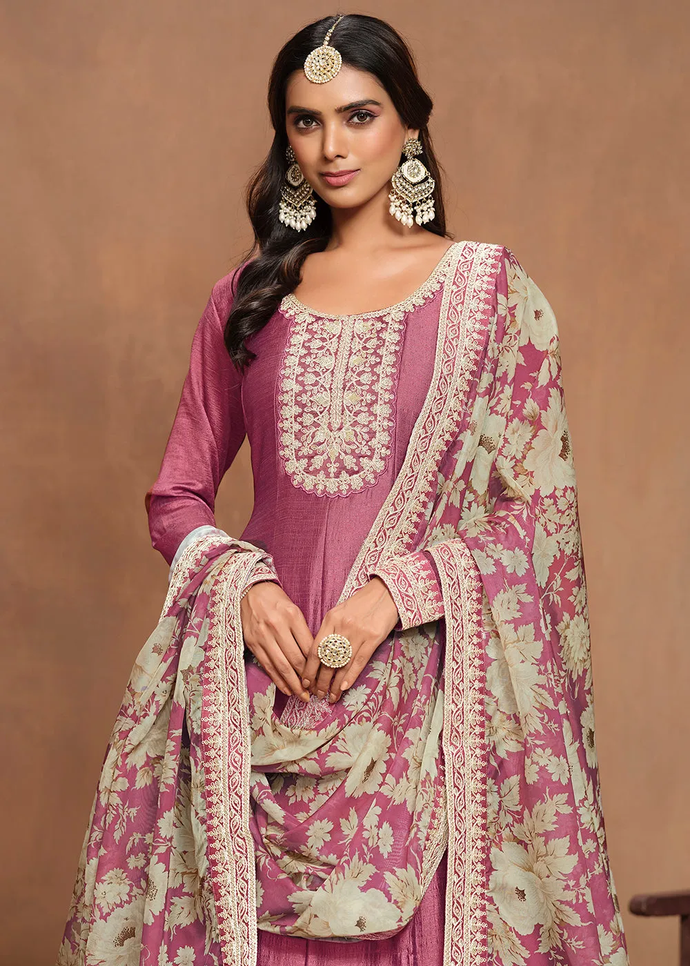 Art Silk Pink Embroidered Wedding Anarkali Gown