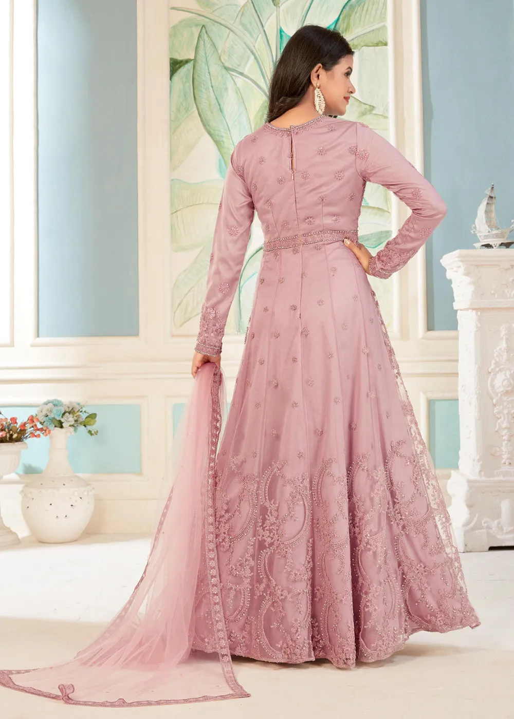 Charming Pink Thread Embroidered Wedding Wear Anarkali Suit