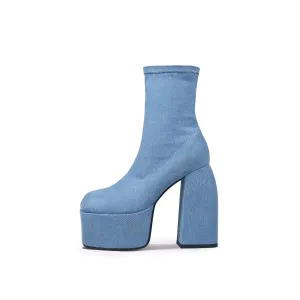 Chunky Platform Blue Denim Ankle Boots