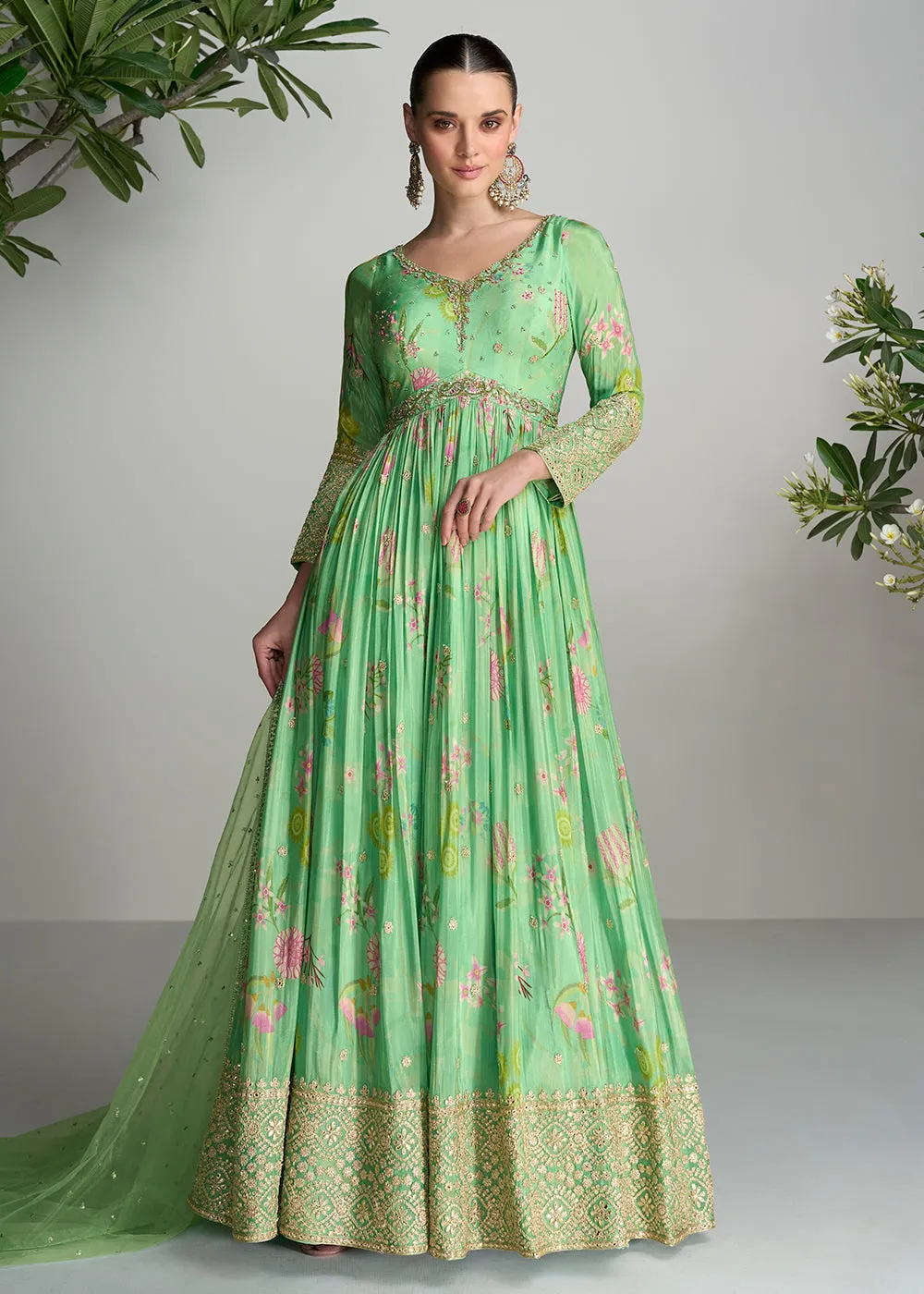 Digital Printed & Mirror Embroidered Anarkali Gown in Light Green