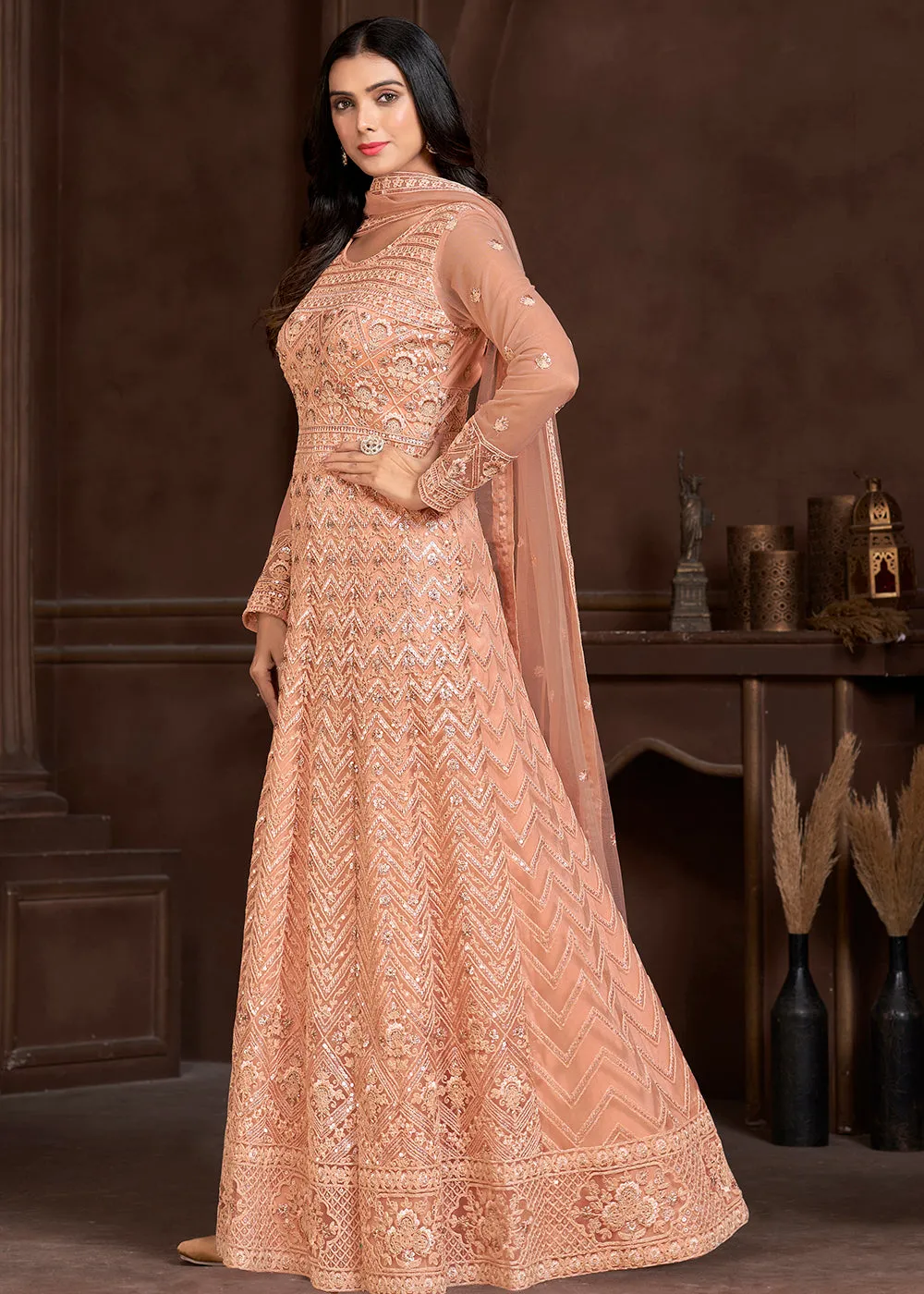 Elegant Peach Butterfly Net Designer Anarkali Suit