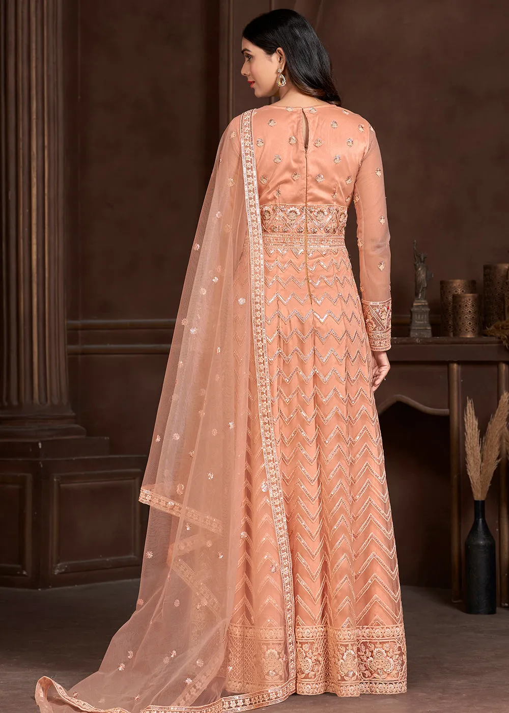 Elegant Peach Butterfly Net Designer Anarkali Suit