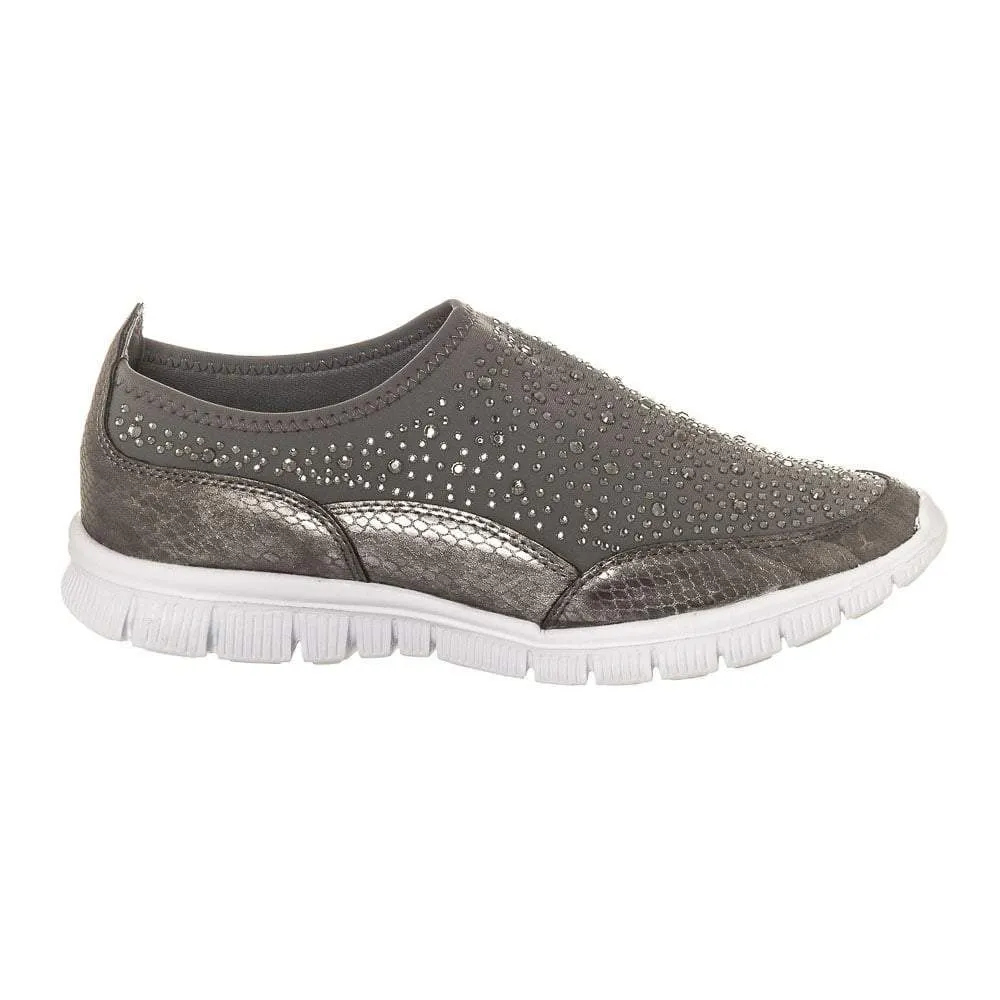 Flat Rubber Sole Stretch Fabric Diamante Skater Shoe With Grip Sole