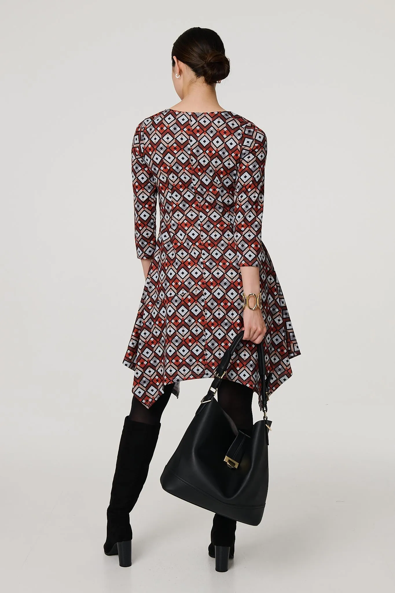 Geo Print Hanky Hem 3/4 Sleeve Midi Dress