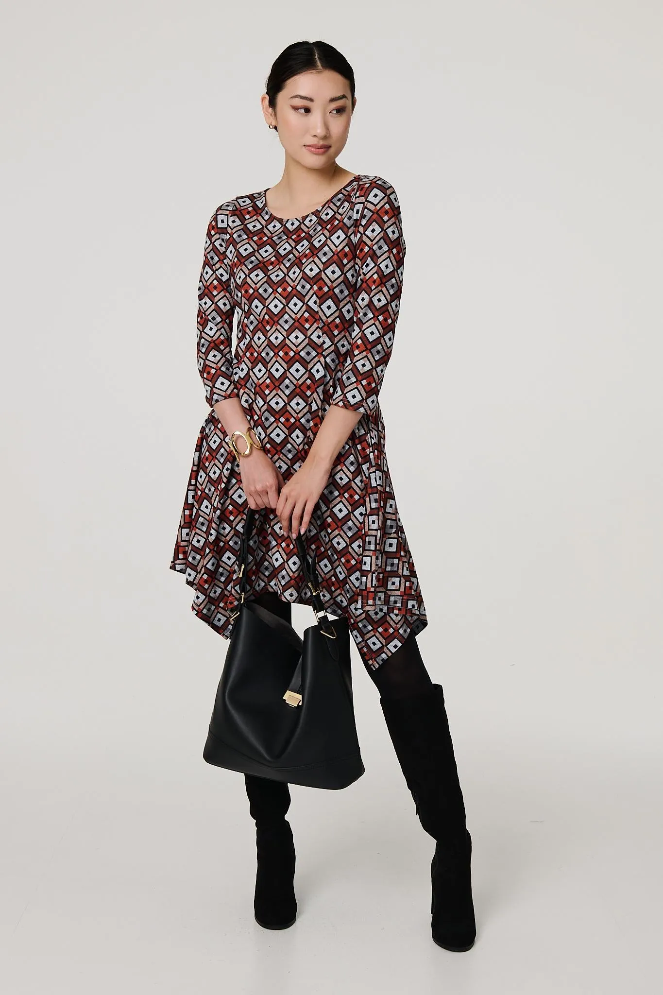 Geo Print Hanky Hem 3/4 Sleeve Midi Dress