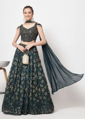 Georgette Green Sequins & Printed Wedding Party Lehenga Choli