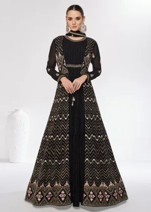 Georgette Premium Black Embroidered Wedding Anarkali Suit