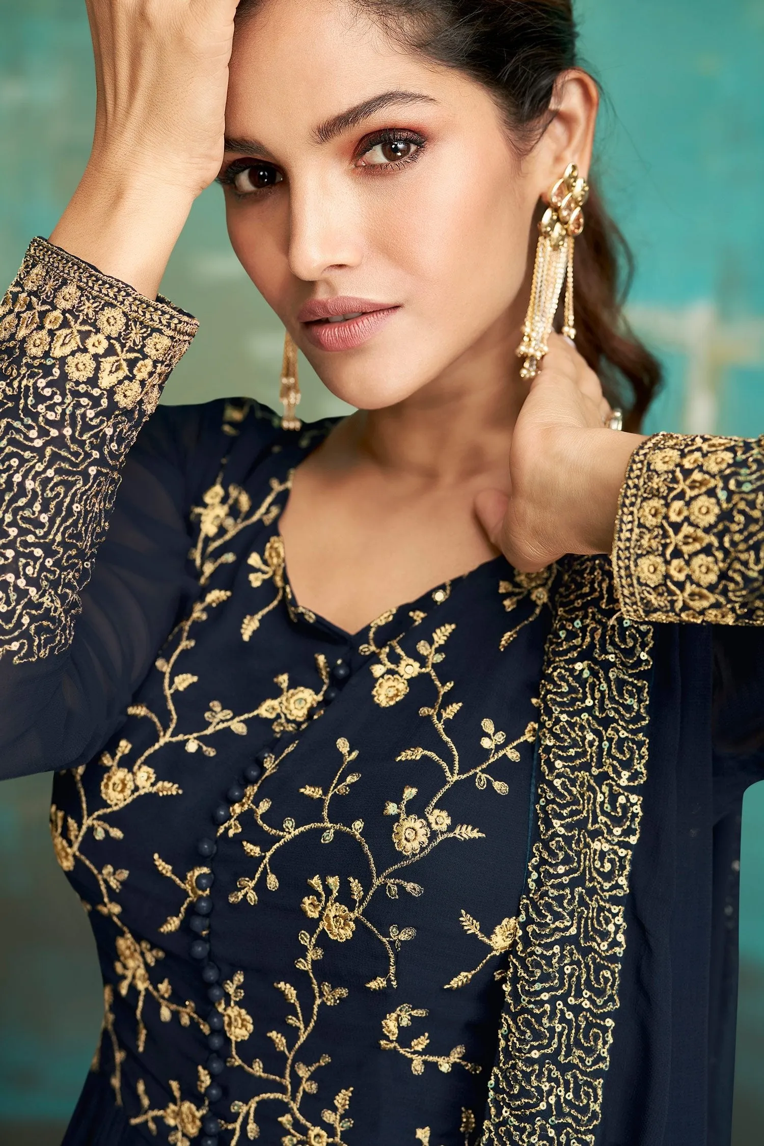 Gharara Style Navy Blue Embroidered Sharara Suit