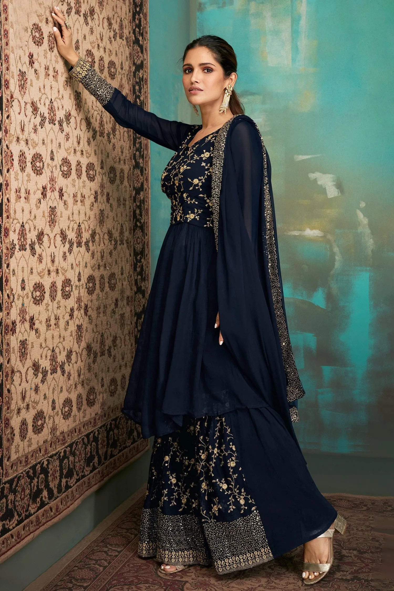 Gharara Style Navy Blue Embroidered Sharara Suit