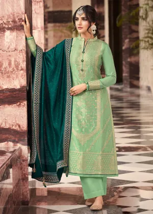 Gorgeous Green Dola Silk Jacquard Festival Salwar Kameez