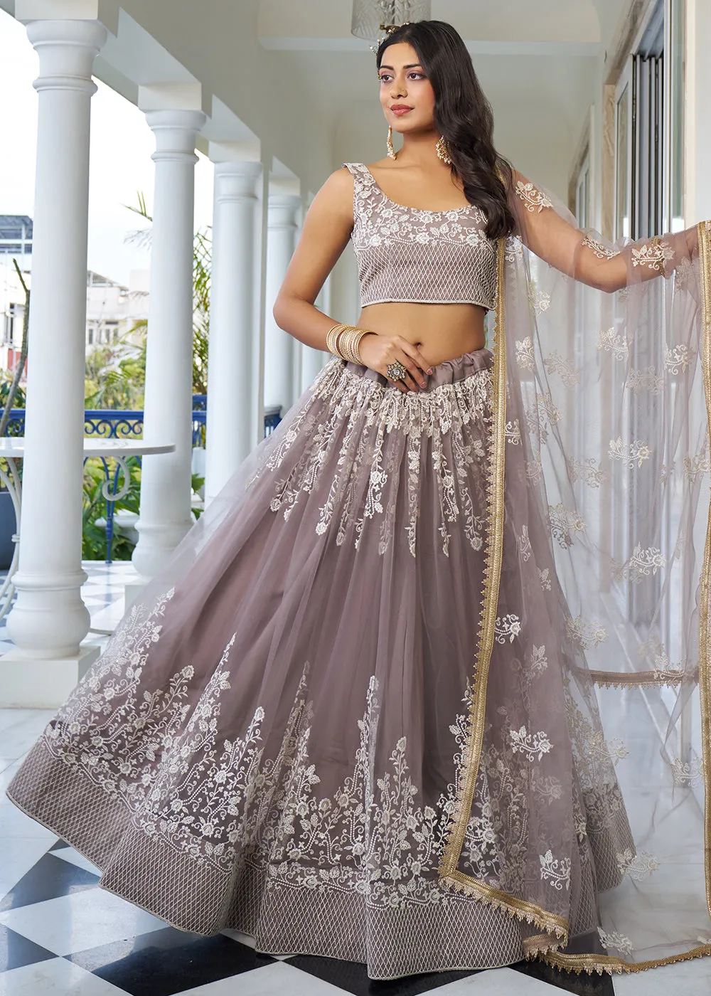 Greyish Brown Designer Embroidered Wedding Lehenga Choli