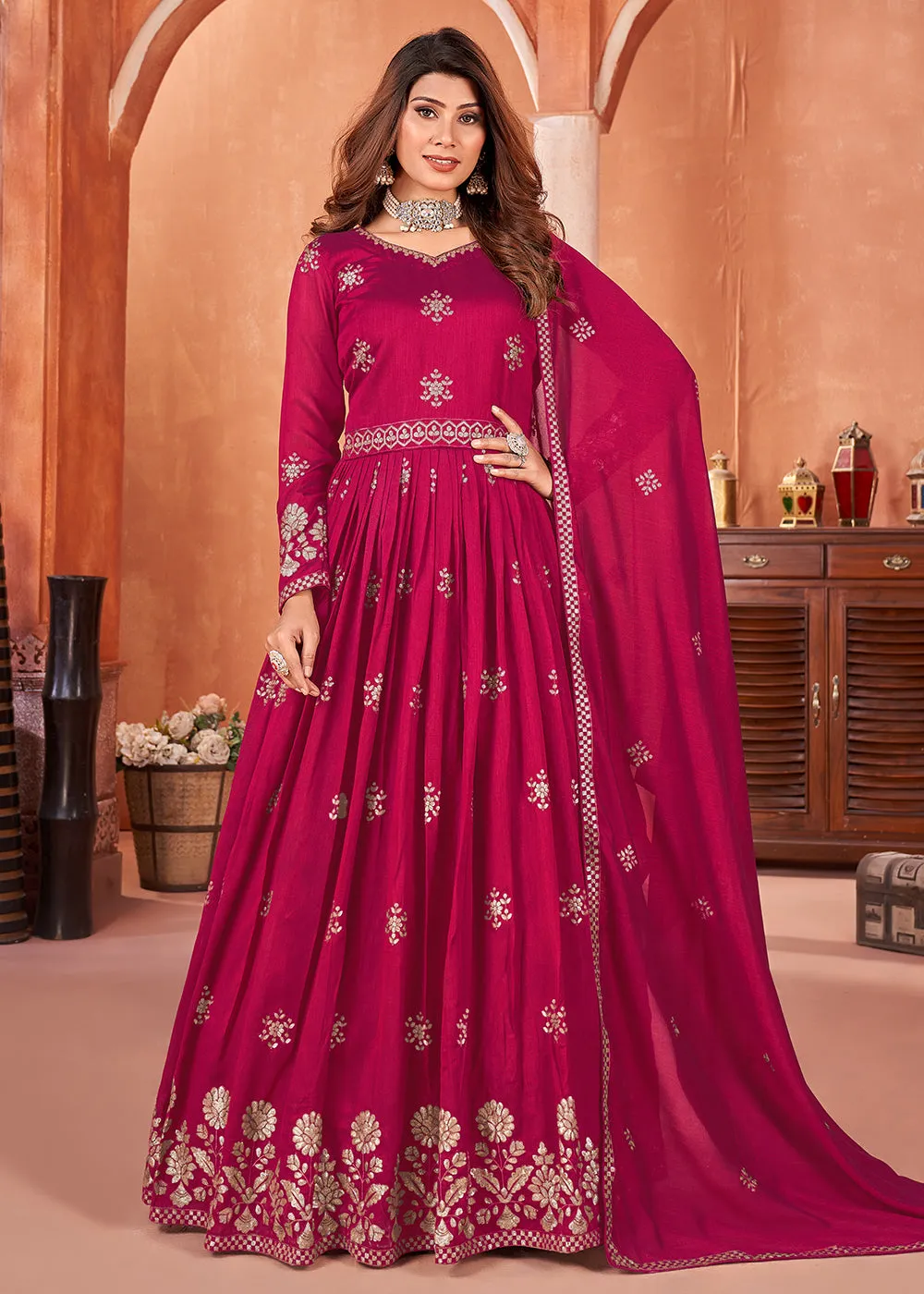 Hot Pink Festive Embroidered Art Silk Anarkali Suit