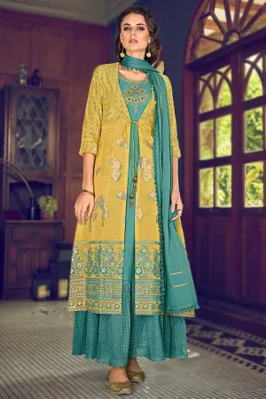 Jacket Style Teal & Yellow Embroidered Designer Suit