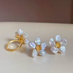 Keshi Pearl Flower Petal Earrings and Ring (US)