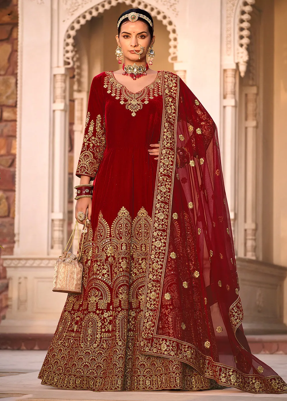 Maroon Velvet Front & Back Embroidery Wedding Anarkali Suit