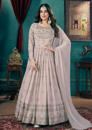 Metalic Foil Work Embroidered Wedding Festive Beige Anarkali Gown