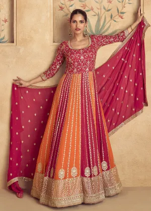 Multi Red Traditional Embroidered Festive Anarkali Gown