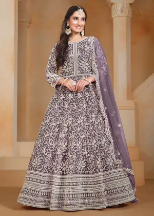 Net Purple Embroidered Festive Style Anarkali Suit