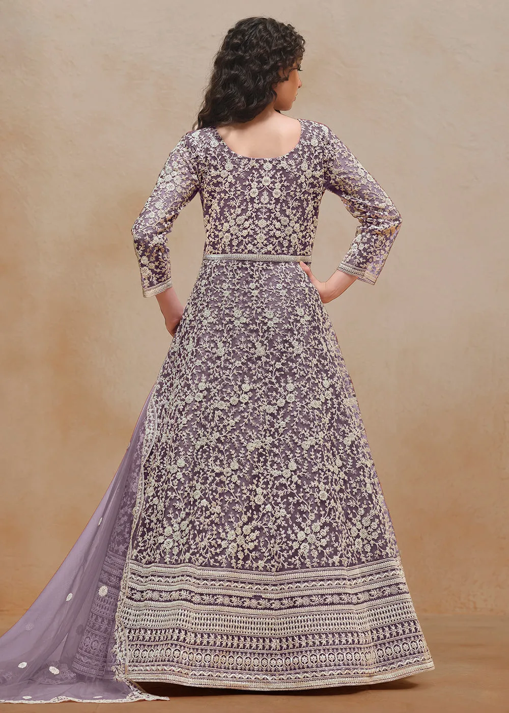 Net Purple Embroidered Festive Style Anarkali Suit