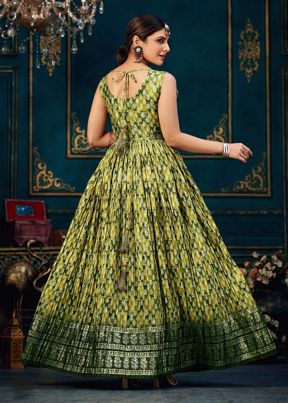 Pleasing Green Digital Foil Printed Ready to Wear Gown