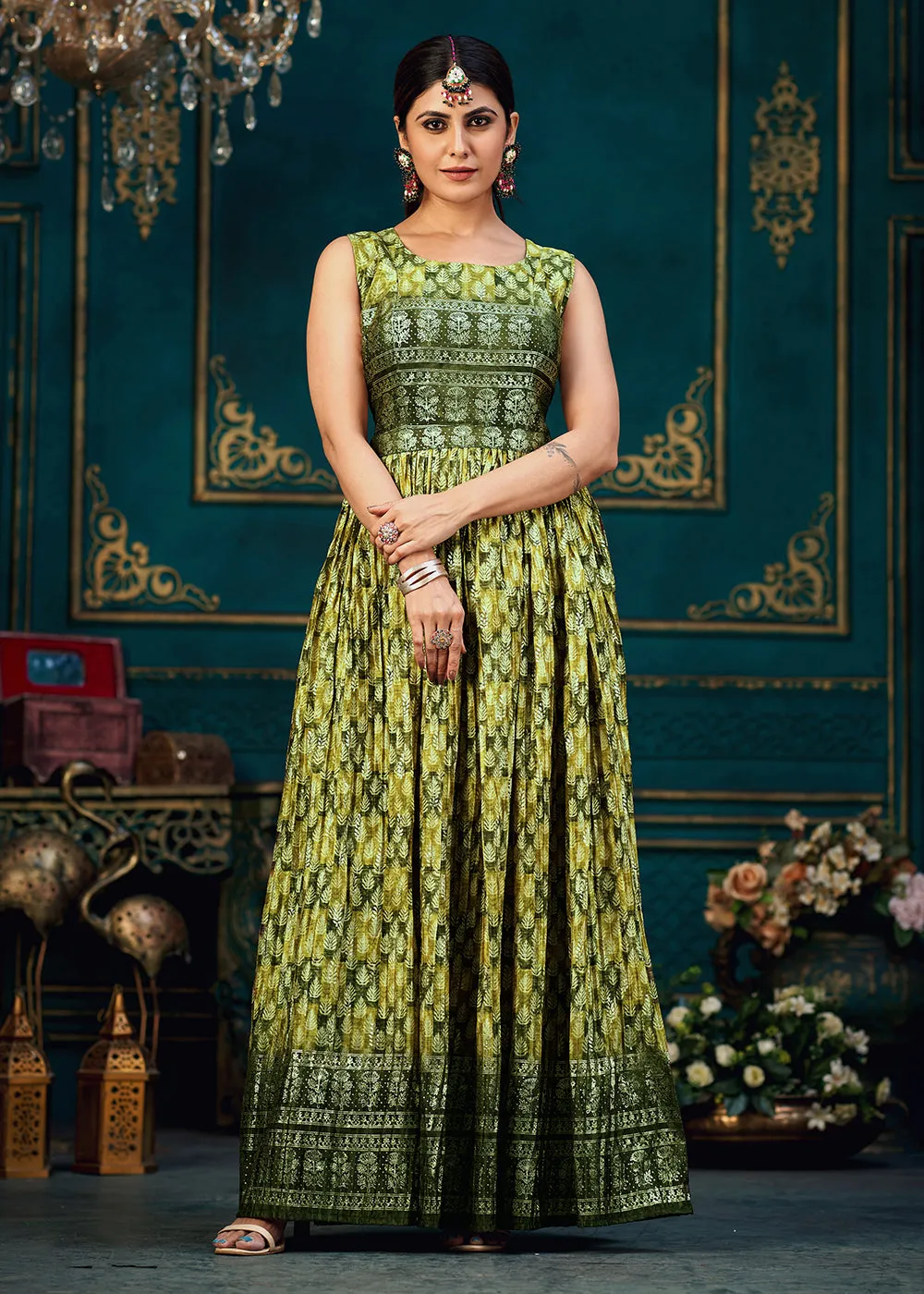 Pleasing Green Digital Foil Printed Ready to Wear Gown