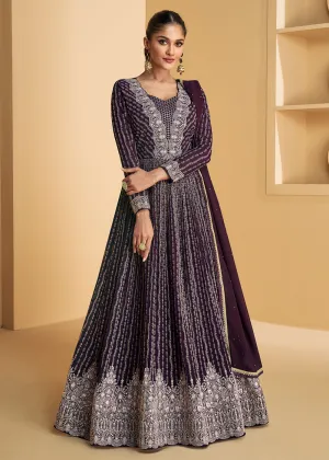 Plum Purple Embroidered Wedding Style Anarkali Suit