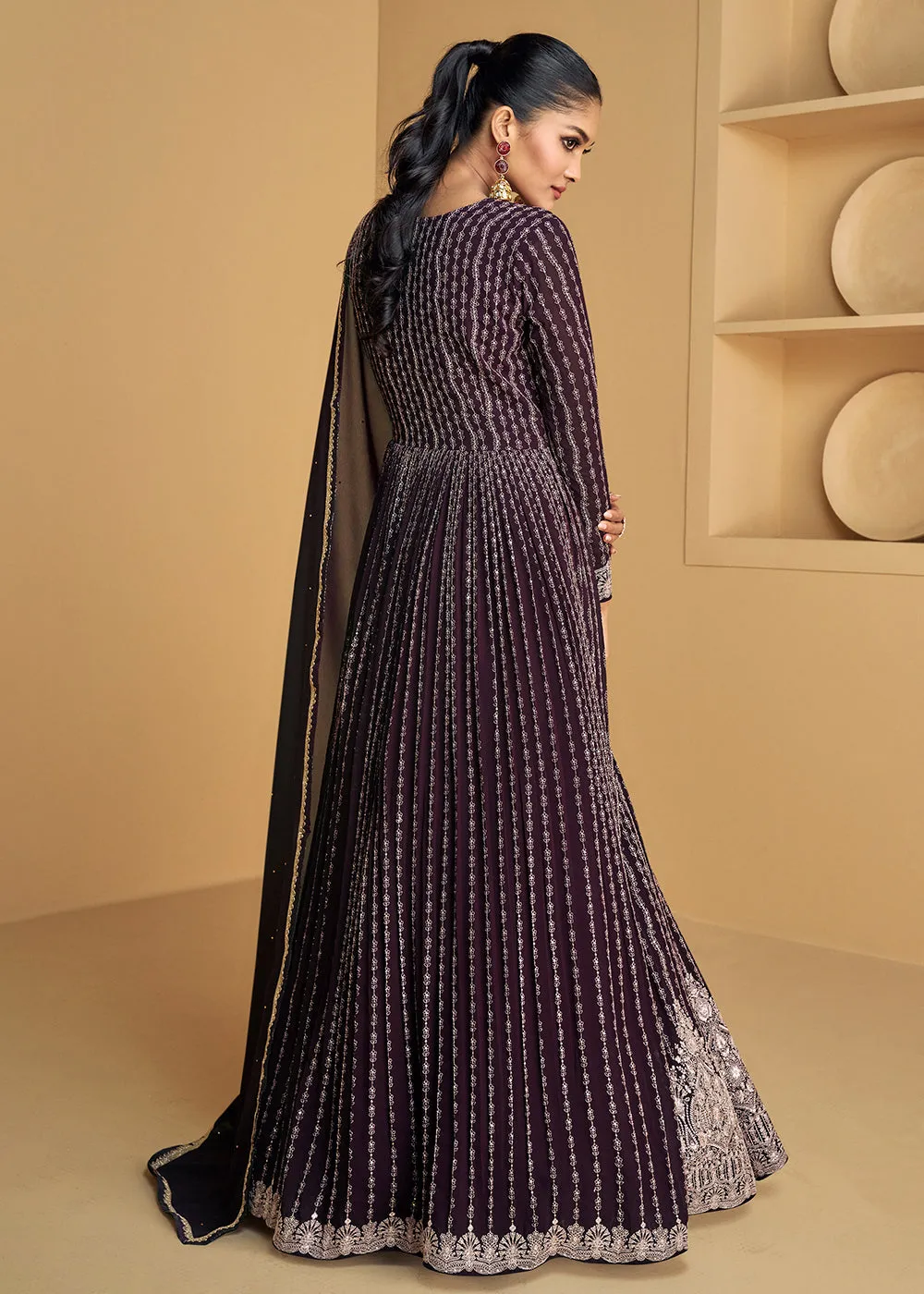 Plum Purple Embroidered Wedding Style Anarkali Suit