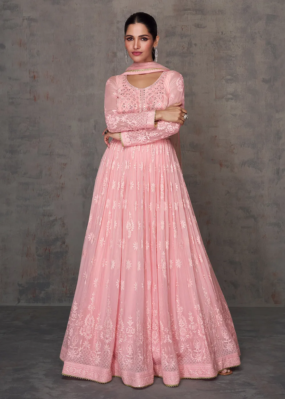 Pretty Pink Wedding Wear Embroidered Long Anarkali Suit