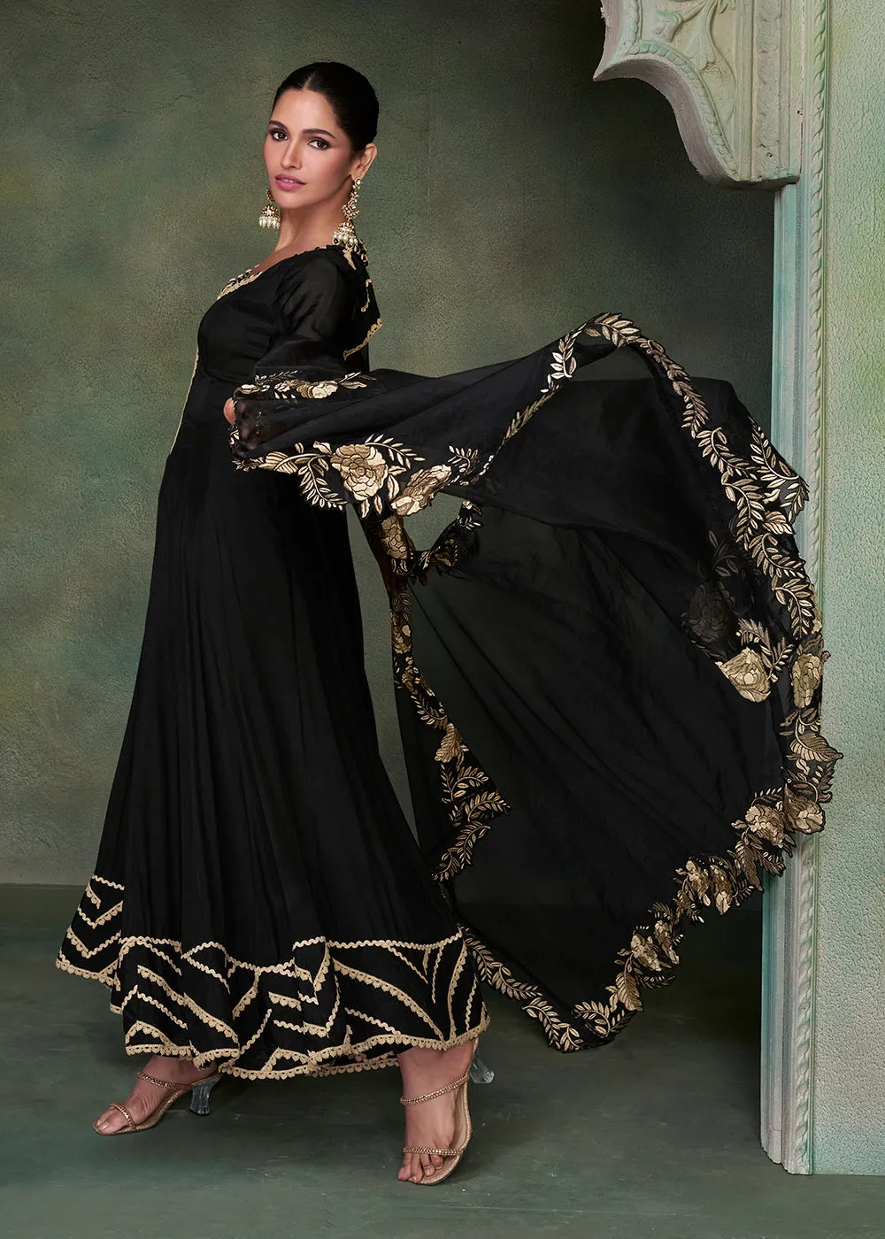 Pure Silk Black Embroidered Reception Wear Indian Gown