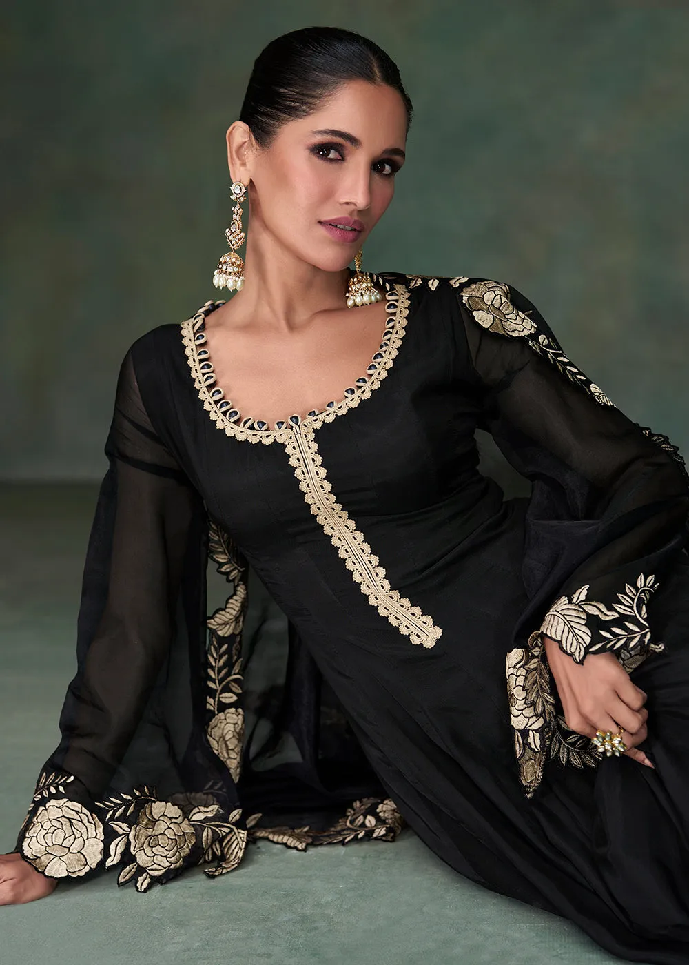 Pure Silk Black Embroidered Reception Wear Indian Gown