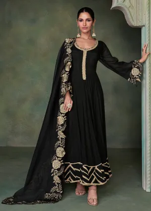 Pure Silk Black Embroidered Reception Wear Indian Gown