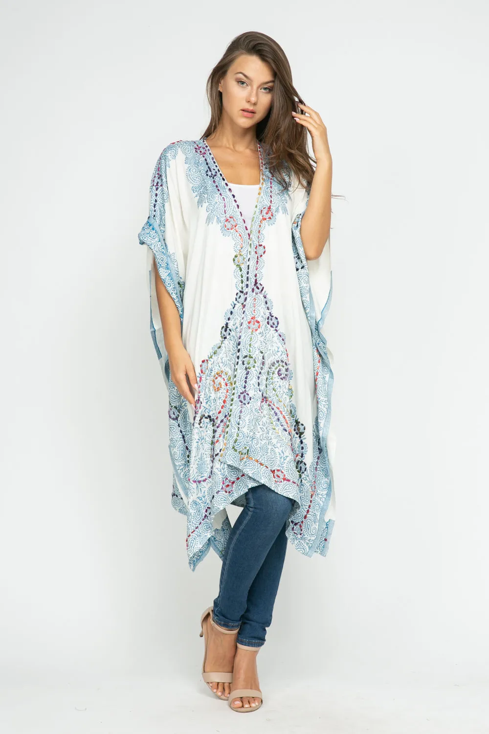 RAJ ALLISON WHITE BLUE EMBROIDERED KIMONO