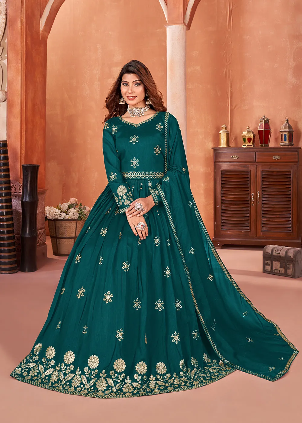 Rama Green Festive Embroidered Art Silk Anarkali Suit