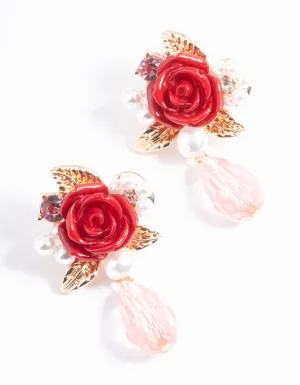 Red Rose Pearly Stud Earrings