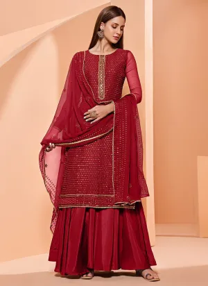 Sequins Embroidered Deep Red Georgette Sharara Suit