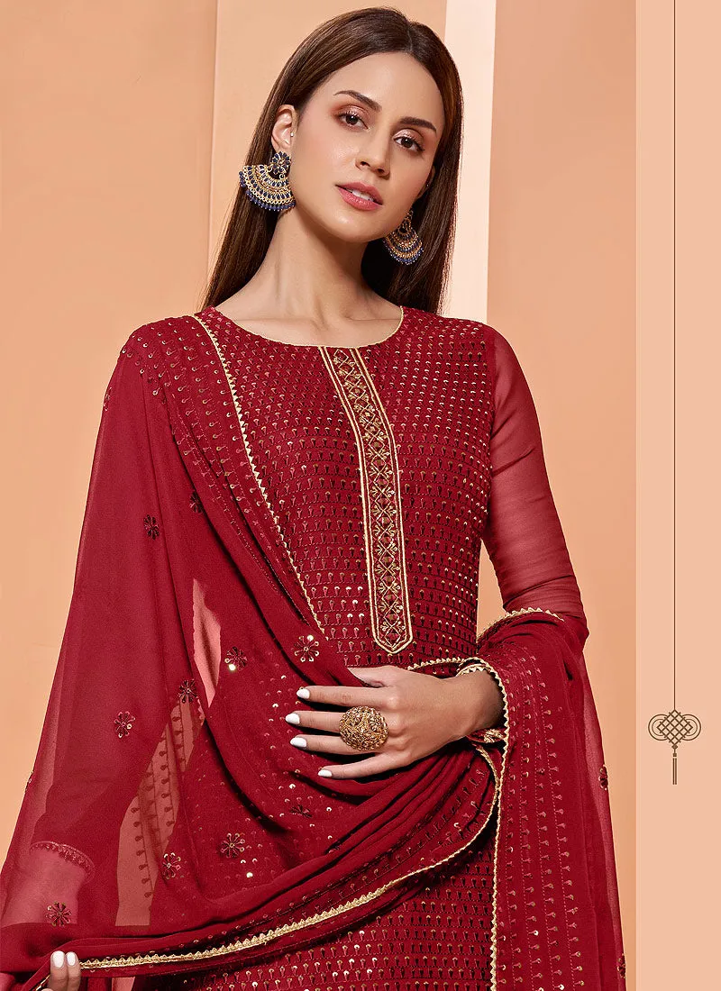 Sequins Embroidered Deep Red Georgette Sharara Suit