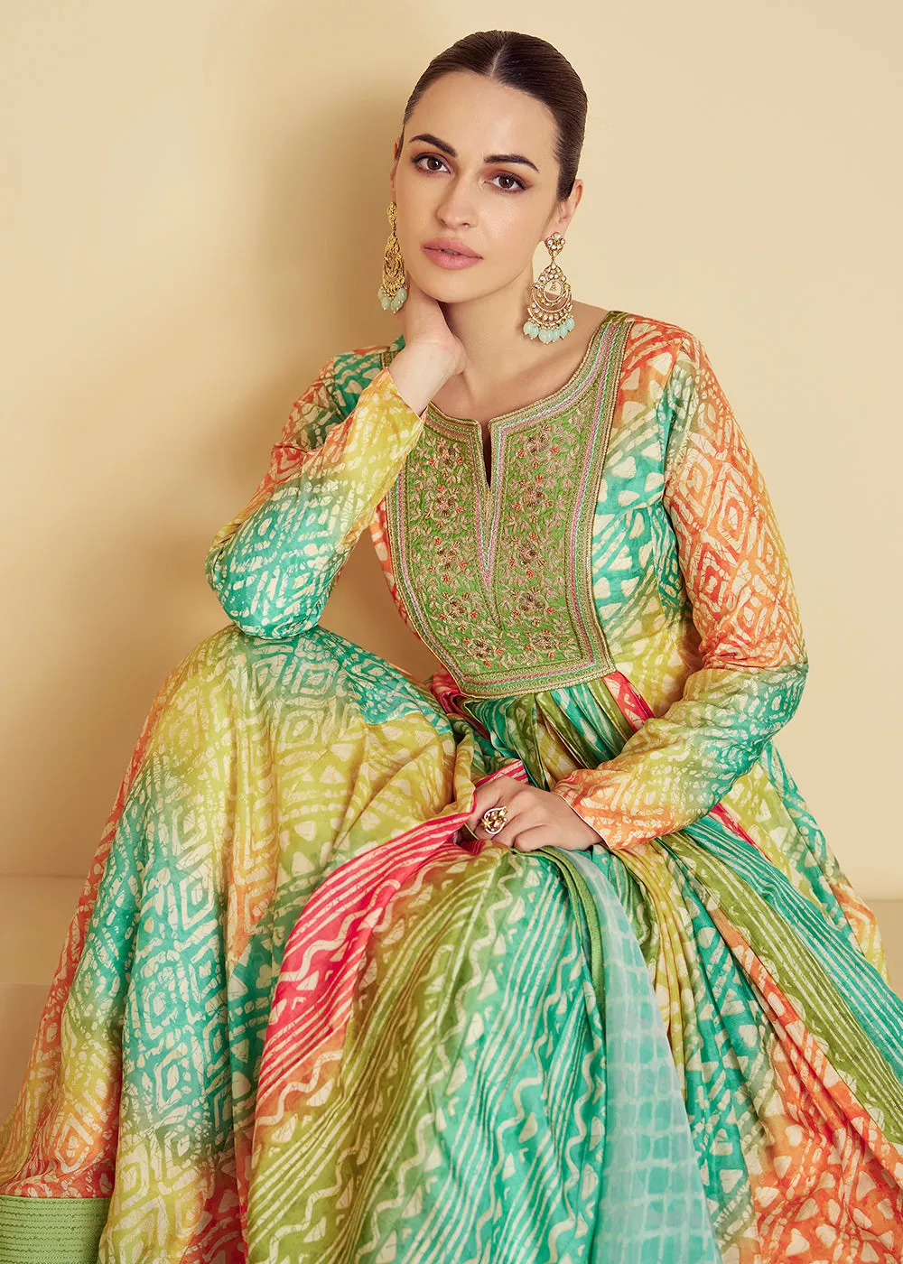 Teal & Green Maslin Digital Printed Festive Anarkali Gown