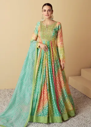 Teal & Green Maslin Digital Printed Festive Anarkali Gown