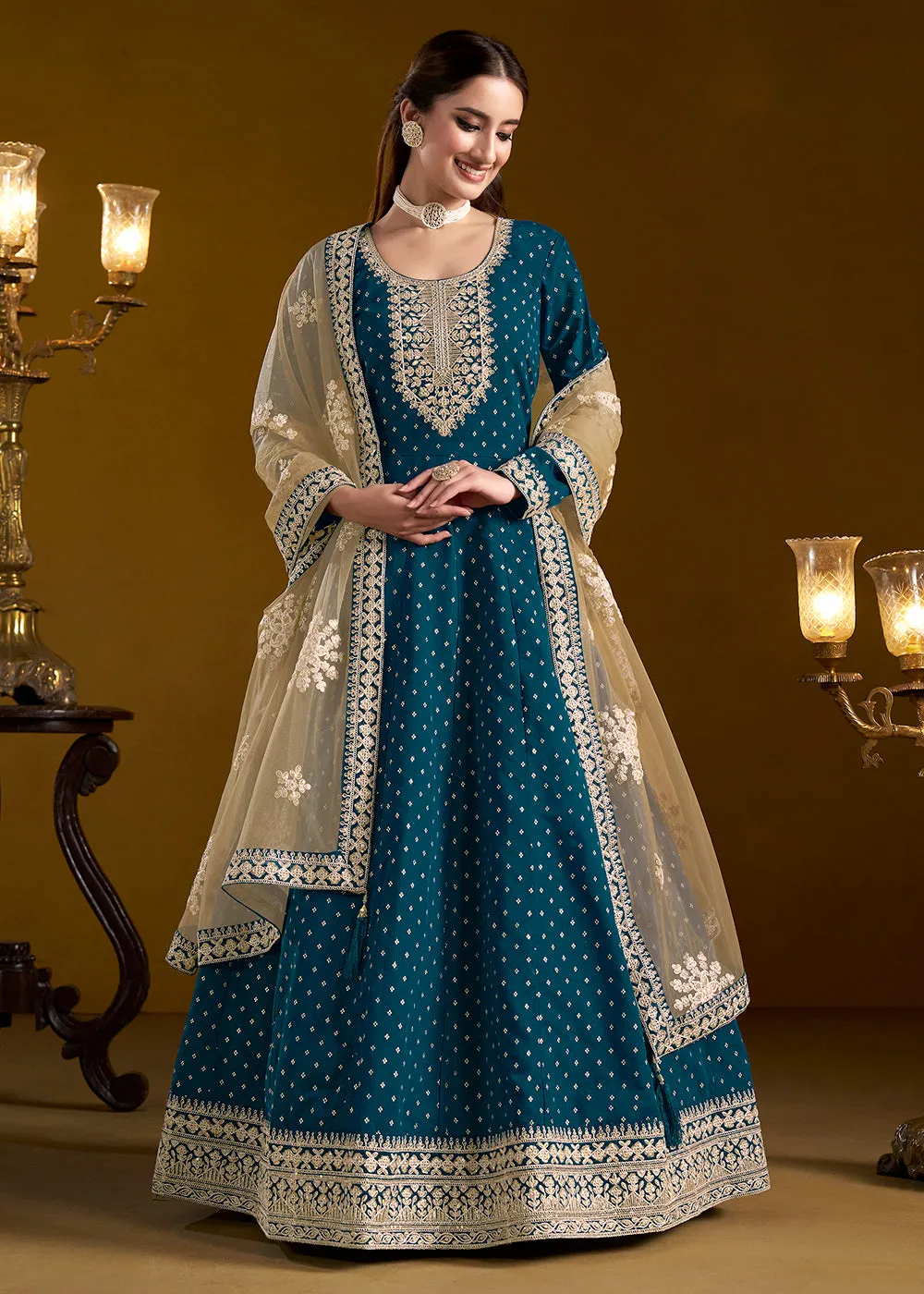 Teal Blue Chanderi Butti Embroidered Festive Anarkali Suit