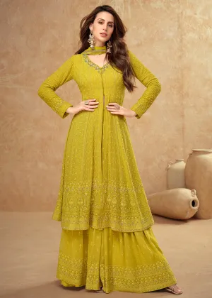 Tempting Lemon Yellow Georgette Wedding Sharara Suit