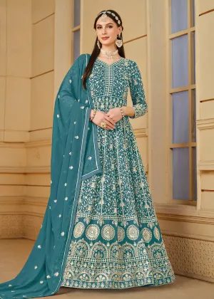 Turquoise Thread & Sequins Georgette Anarkali Suit