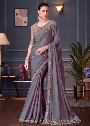 Wedding Festive Style Purple Embroidered Designer Saree