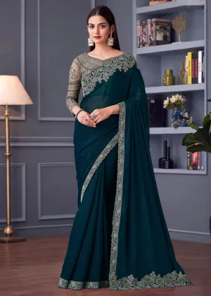 Wedding Festive Style Teal Blue Embroidered Designer Saree