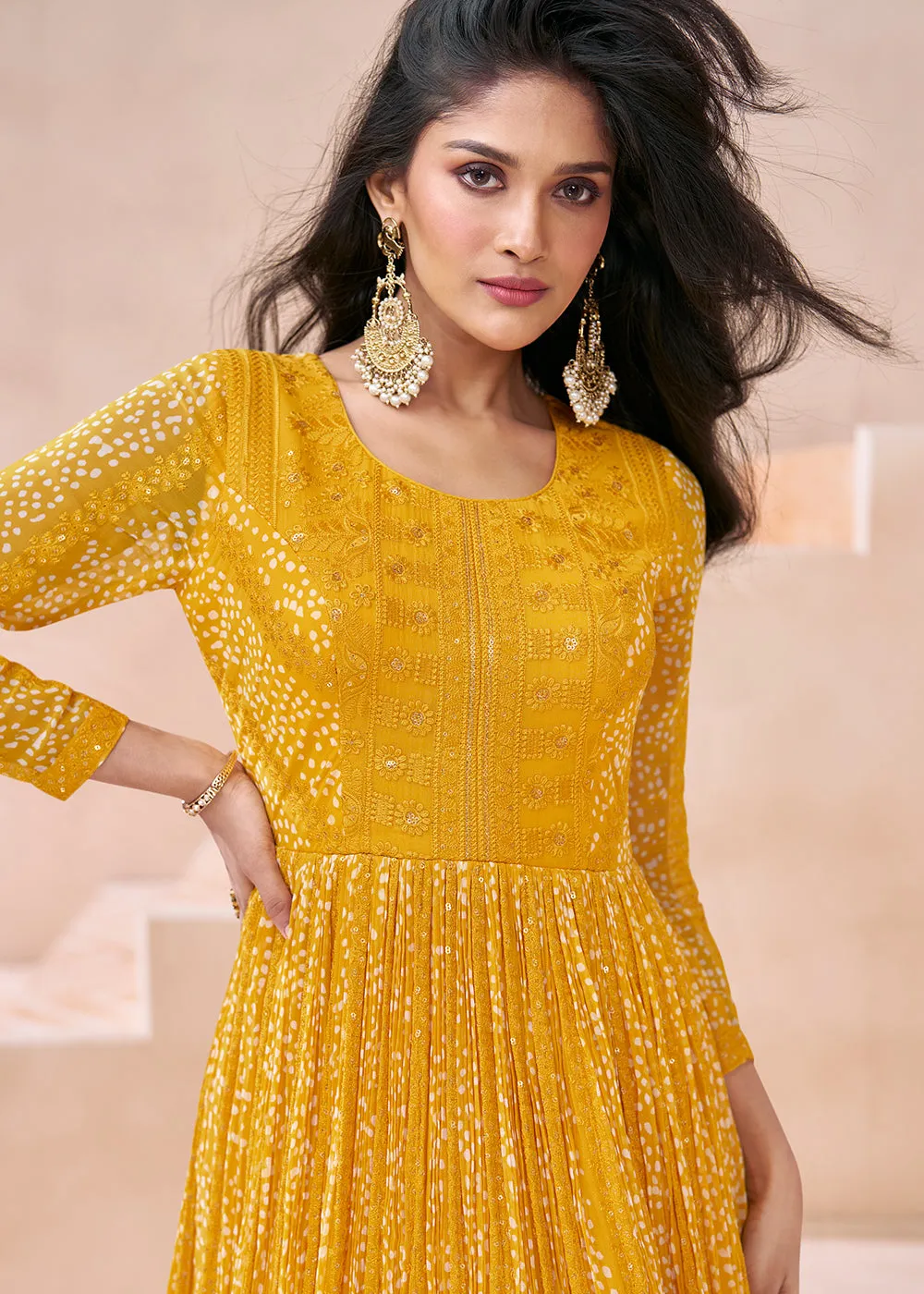 Wedding Yellow Real Georgette Embroidered Anarkali Gown