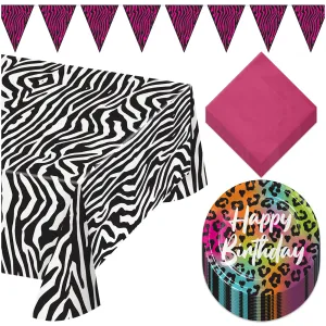 Wild Child Party Pack - Leopard Paper Dessert Plates, Napkins, Table Cover & Animal Print Banner