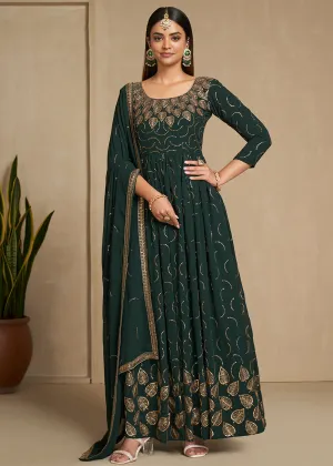 Zari & Sequins Embroidered Bottle Green Anarkali Suit